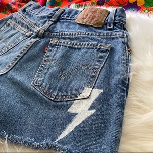 Levi High Waist Medium Wash Denim Patch Cutoffs